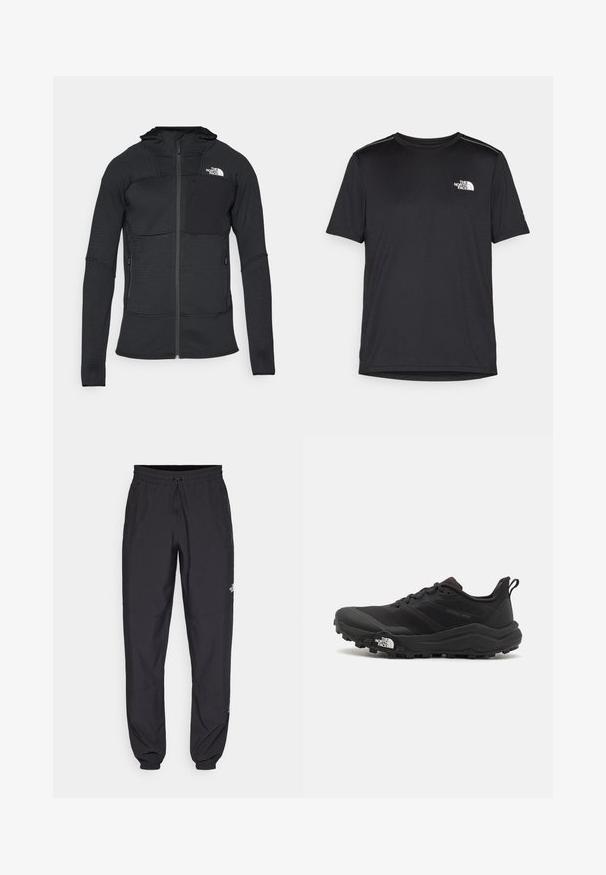 Čierna zipová bunda s textúrovanou látkou, kapucňou a dvoma bočnými vreckami, so zvýšeným vreckom na hrudi s čiernym príplatkom a bielym logom.; Čierne tričko s krátkym rukávom vyrobené z ľahkej tkaniny. Obsahuje malé biele logo na ľavej hrudi a jemné akcenty na pleciach.; Čierne športové nohavice vyrobené z ľahkej tkaniny, s elastickým pásom na šnurovanie, bočnými vreckami a zúženými manžetami na členkoch.; Čierne trailové behacie topánky s štruktúrovaným zvrškom, gumovou podrážkou a vystuženou špičkou. Obsahuje polstrovaný golier a úchyt na jednoduché obúvanie.
