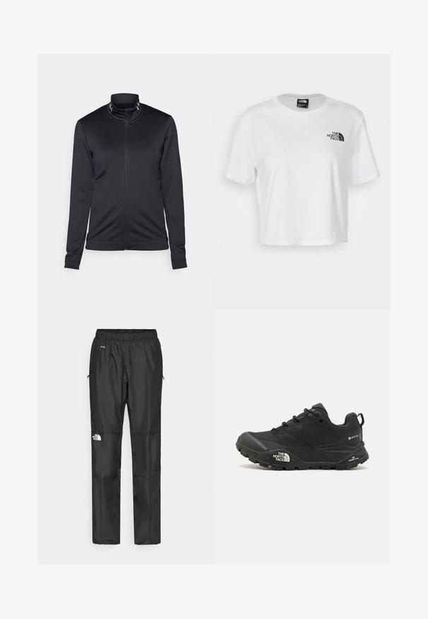 Fekete dzseki cipzárral elöl, magas gallérral és hosszú ujjal, sima anyagból készül. Finom logó részlet található a gallér mentén.; Fehér, pamutból készült, rövid ujjú, kerek nyakú cropped póló. A bal mellen fekete logó található.; Fekete vízálló nadrág könnyű anyagból, rugalmas derékkal, oldalsó zsebekkel és logóval a bal lábon.; Fekete túrázó cipő texturált felsőrésszel, fűzős záródással és vastag gumitalppal, mely oldalán egy kiemelkedő logó és mintázott talpkialakítás található.