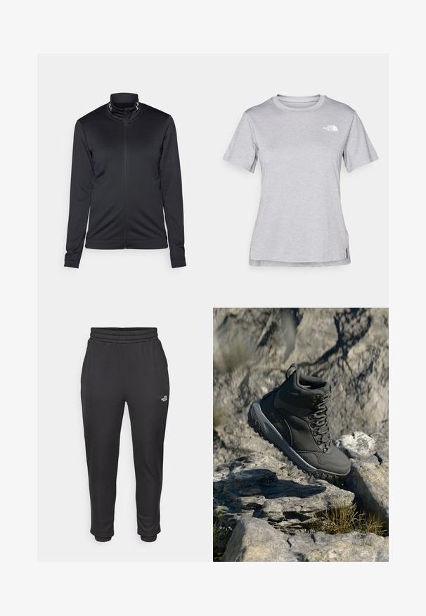 Juodas džemperis su užtrauktuku priekyje, aukštu apykakle ir ilgomis rankovėmis, pagamintas iš lygaus audinio. Turi subtilų logotipo detalumą aplink apykaklę.; Pilkas trumpomis rankovėmis marškinėliai, pagaminti iš minkštos, drėgmę sugeriančios medžiagos. Turi apvalią iškirptę ir mažą baltą logotipą viršutiniame kairiajame kampe.; Juodos sportinės kelnės su elastinga juosmeniu ir rankogaliais, pagamintos iš minkštos medžiagos, su šoninėmis kišenėmis ir logotipu kairėje šlaunoje.; Tamsiai pilki žygio batai, pagaminti iš sintetinės medžiagos, su paminkštintu apykakle, metaliniais akmenukais ir tekstūruotu guminio pado paviršiumi, užtikrinančiu sukibimą.