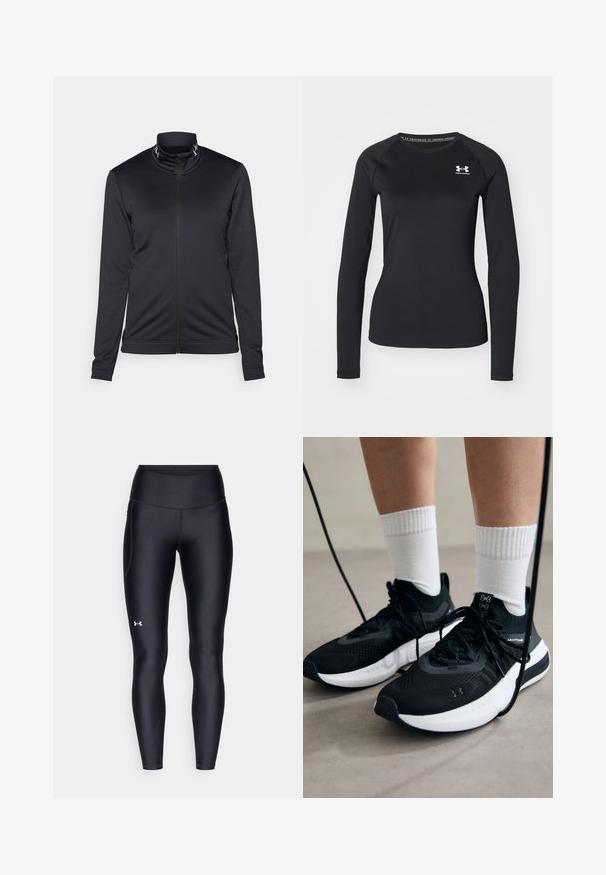 Svart jakke med glidelås foran, høy krage og lange ermer, laget av glatt stoff. Har subtile logodetaljer langs kragen.; Svart langermet treningsskjorte laget av glatt stoff, med rund hals og en liten hvit logo på venstre bryst.; Sorte leggings laget av glatt, elastisk materiale med høy midje. Har en hvit logo på venstre lår og en tettsittende design.; Svarte treningssko med teksturert stoff, hvit såle og svarte snøringer. Brukt med hvite ribbestrikkede sokker, stående på en lys overflate.