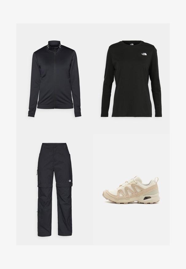 Giacca nera con zip frontale, colletto alto e maniche lunghe, realizzata in tessuto morbido. Presenta un discreto dettaglio del logo lungo il colletto.; T-shirt nera a maniche lunghe in cotone con colletto rotondo. Presenta un piccolo logo bianco sul lato sinistro del petto. Design semplice e vestibilità comoda.; Pantaloni cargo in nylon nero con zip rimovibile, polsini regolabili, molteplici tasche e un logo sulla gamba destra. Tessuto liscio e leggero.; Scarpa atletica beige e crema con tomaia in mesh testurizzato, sovrapposizioni supportive e suola in gomma con un motivo a tasselli per la trazione.