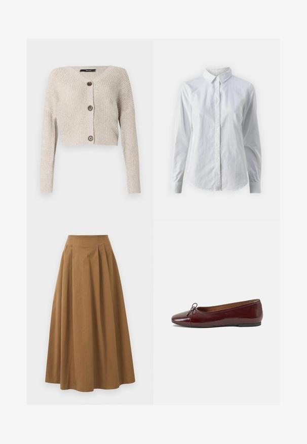 Krátky kardigán v svetlo béžovom úplete, s výstrihom do V, dlhými rukávmi a dvoma veľkými hnedými gombíkmi na prednej strane. Štruktúrovaná látka.; Biela košeľa s gombíkmi vyrobená z hladkej bavlny, s klasickým golierom, dlhými rukávmi a zakriveným lemom. Gombíky sú malé a biele.; Hnedá bavlnená sukňa A-línie s vysokým pásom, so skladmi vpredu a hladkou textúrou. Hranice sú čisté a jednoduché.; Burgundské lakované balerínky s okrúhlou špičkou, malou mašľou na prednej strane a nízkou čiernou gumovou podrážkou. Hladký povrch.