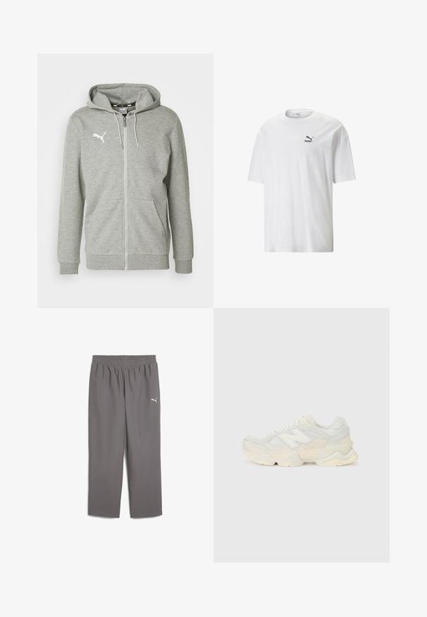 Hall lähedal tõmbetuuleline kapuutsiga särk on valmistatud pehmest kangast, millel on känguru tasku ja soonikuga varrukad. Vasakul rinnal olev valge logo lisab detaili.; Valge puuvillane T-särk ümmarguse kaelusega ja lühikeste varrukatega. Vasakul rinnal on väike must Puma logo. Sile tekstuur, igapäevane lõike.; Hallid hallid sportpüksid elastse vöökohtaga, valmistatud kergest kangast. Vasakul jalal on väike valge logo.; Kerge tenniseking, mille pealis on valmistatud võrgust ja seemisnahast pehmes kreemitoonis, koos paksu tallaga ja kolmemõõtmeliste aktsentidega.