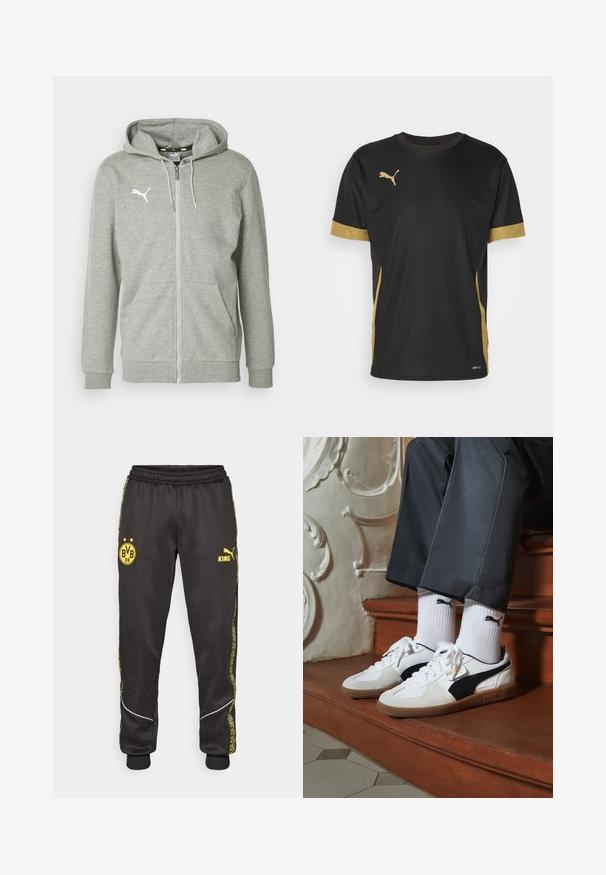 Grå lynlås hoodie lavet af blødt stof, med en kengurupocket og ribbede manchetter. Hvidt logo på venstre bryst tilføjer detaljer.; Sort sports T-shirt med gyldne detaljer på ærmerne og siden. Den har rund hals, korte ærmer og svedtransporterende DRYCELL-stof.; Sorte træningsbukser med gule Borussia Dortmund BVB 09 og Puma King logoer, elastisk talje, og mønstrede gule side-striber.; Puma sneakers i hvid og sort ruskind med en brun gummisål. Bæres med hvide sokker med et sort logo og mørke bukser.