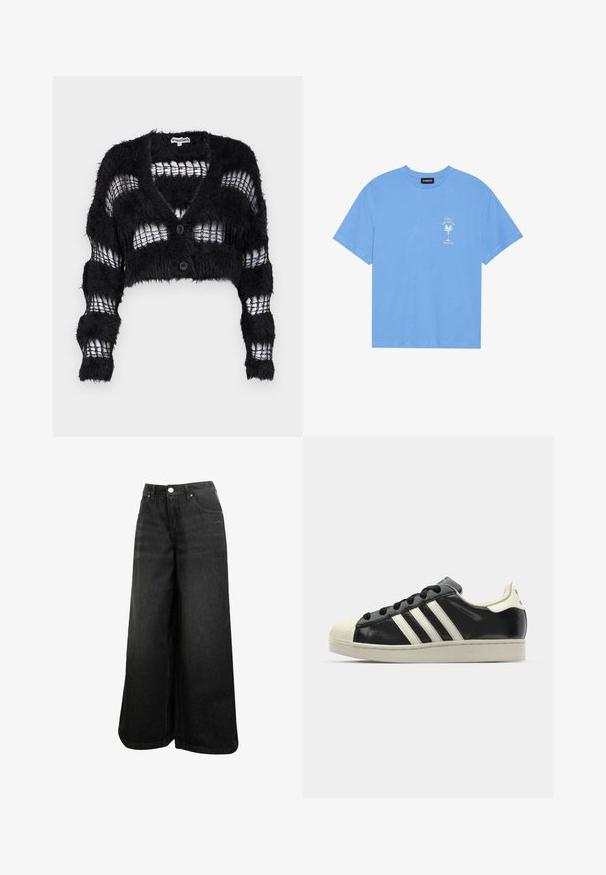 The Ragged Priest REALM CARDI - Kardiganas - black; Šviesiai mėlyna medvilninė marškinėliai su apvaliu iškirpimu. Kairėje krūtinės pusėje pavaizduotas baltas palmės medžio grafikas ir tekstas. Trumpomis rankovėmis.; Juodos plačios džinsinės kelnės su aukštu liemeniu, priekyje mygtukas, kišenės ir subtilus logotipas ant priekinės kišenės.; Juodi odiniai sportiniai bateliai su baltais dryžiais, guminis toe kapas, juodi raišteliai ir kreminis padas. Lygus pavirčius su blizgiu finišu.