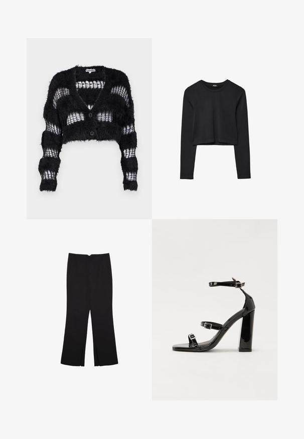 The Ragged Priest REALM CARDI - Kardigan - black; Černý dlouhý rukáv cropped top s kulatým výstřihem, jednoduchý design a mírně zaoblený lem.; Černé kalhoty s rovným střihem, s předními kapsami a bočními rozparky na lemu. Vyrobené z jemné, hladké tkaniny. Vhodné na různé příležitosti.; Černé lakované sandály na vysokém podpatku se dvěma pásky se sponami, čtvercovou špičkou a robustním blokovým podpatkem, s hladkou, lesklou texturou.