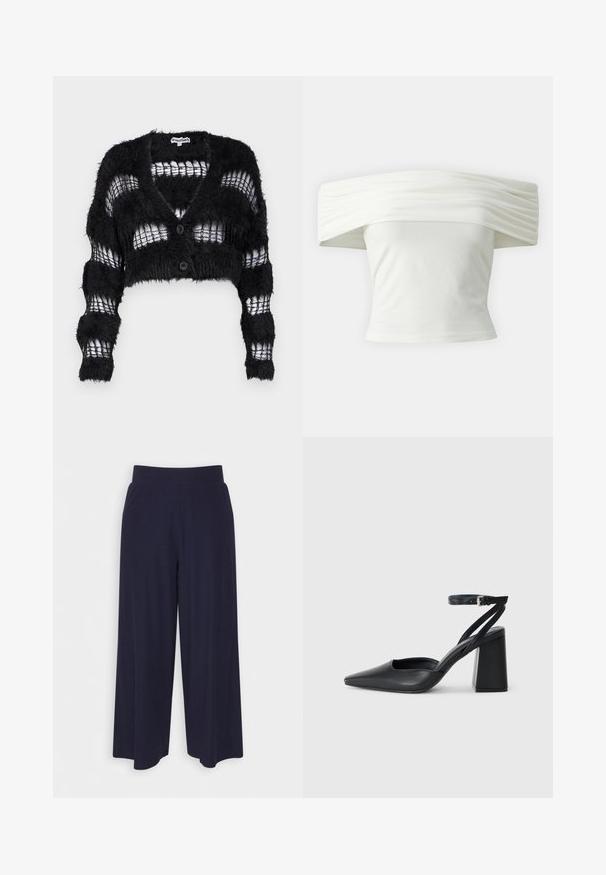 The Ragged Priest REALM CARDI - Vesta na kopčanje - black; Bijela majica s nedovoljno ramena s nabranim, strukturiranim izrezom i uskim tijelom. Izrađena od mekanog materijala s glatkom teksturom.; Hlače širokih nogavica od tamnoplavog materijala s reljefnom teksturom. Imaju glatki pojas i lepršavi siluet, dosežu do sredine potkoljenice.; Crne kožne cipele s špicastim vrhom, remenom oko gležnja i debelim potplatom. Ravna tekstura, elegantan dizajn i minimalistička estetika.