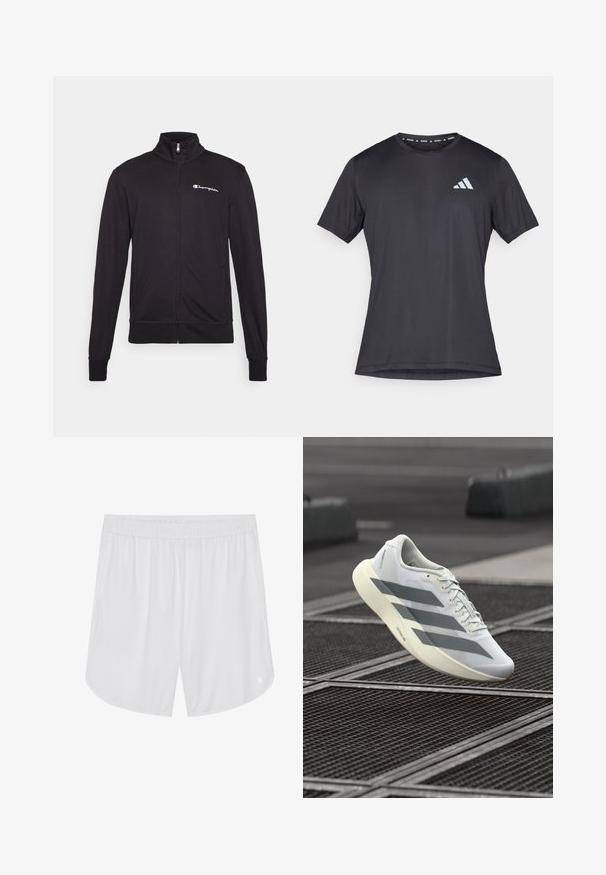 Schwarze Zip-Jacke mit hohem Kragen, aus weichem Stoff. Verfügt über das "Champion"-Logo auf der linken Brust und elastische Bündchen.; Schwarzes Athletic-T-Shirt mit kurzen Ärmeln und Rundhalsausschnitt, aus leichtem Stoff gefertigt. Auf der Vorderseite befindet sich ein reflektierendes Adidas-Logo.; Pier One Sport Kurze Sporthose - white; Weißer Sportschuh mit einer strukturierten Mesh-Oberfläche, grauen Streifen und einer gepolsterten Sohle. Leichtes Design, geeignet zum Laufen.