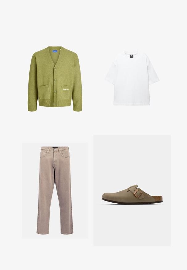 Zeleno pleteno kardigan z V-izrezom, petimi gumbi in dvema sprednjima žepoma. Z ribanim manžetami in robom ter subtilnim vezenjem logotipa.; Bela majica s kratkimi rokavi iz bombaža, z okroglo ovratnikom in sproščenim krojem ter ravnim robom. Brez vzorcev ali okrasnih elementov.; Bež kavbojke ravnega kroja, izdelane iz denima, s klasičnim dizajnom petih žepov, šivanimi detajli in čistim robom.; Rjave klompice z gladko, matirano površino. Na strani imajo izrazit bronast sponko. Korkov vložek in gumijast podplat za udobje.