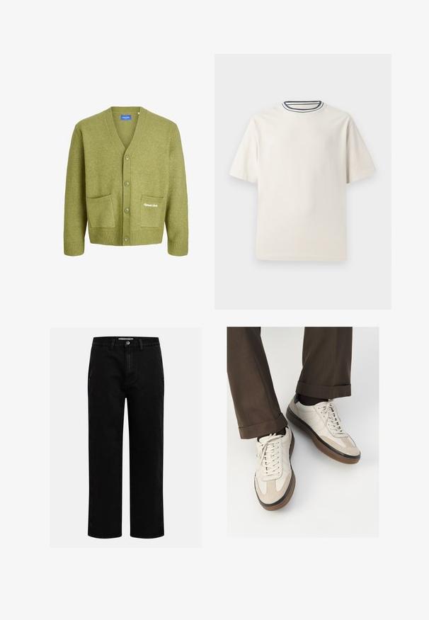 Grüner Strickcardigan mit V-Ausschnitt, fünf Knöpfen und zwei vorderen Taschen. Verfügt über gerippte Bündchen und Saum sowie dezente Logo-Stickerei.; Cremefarbendes Baumwoll-T-Shirt mit kurzen Ärmeln, das über einen runden Halsauschnitt mit navy- und weißen Streifen verfügt. Glatte Textur, lässige Passform.; Schwarze Jeanshose mit geradem Schnitt, klassischem Fünf-Taschen-Design und einem Knopfverschluss an der Taille. Glatte Textur und strapazierfähiger Stoff.; Beige Sneakers mit einer strukturierten Wildlederfront, glatten Lederseiten und einer braunen Gummisohle. Bändel und helle Nähdetails sind enthalten.