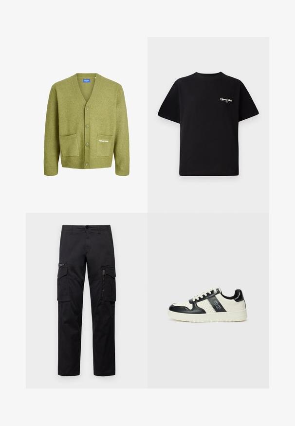 Zaļš adīts kardigāns ar V-veida kaklu, piecām pogām un divām priekšējām kabatām. Iespējas ar ribotas aproces un apakšmalu, ar izsmalcinātu logo izšuvumu.; Melnas kokvilnas t-krekls ar apaļu kakla izgriezumu, īsām piedurknēm un maziem baltiem logotipa uzrakstiem kreisajā krūšu daļā. Vienkāršs dizains, klasiskā piegriezne.; Melnas cargo bikses ar vairākiem kabatām, ar rāvējslēdzēju kabatu uz augšstilba, taisnu piegriezumu un izturīgu kokvilnas audumu ar vieglu spīdumu.; Ādas sporta apavi ar melnbaltu krāsu shēmu, ar perforētiem akcentiem, mīkstinātu apkakli un teksturētu zoli.