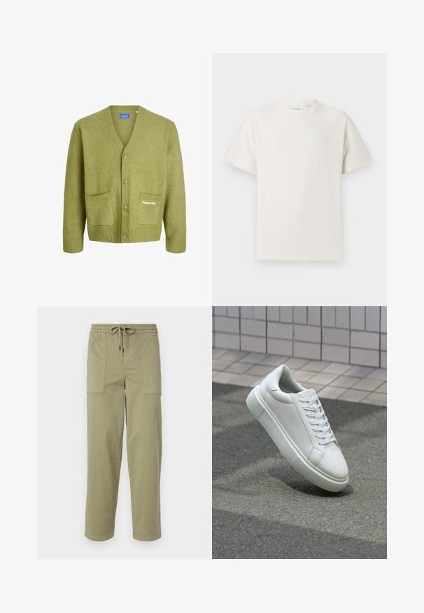 Green knit cardigan with a V-neck, five buttons, and two front pockets. Features ribbed cuffs and hem, with subtle logo embroidery.; White short-sleeve T-shirt in a ribbed texture. Round neckline, relaxed fit, no visible patterns or accents. Simple and versatile design.; Light olive green pants made of cotton blend fabric, featuring an elastic waistband with drawstring, and two large side pockets.; White leather sneaker with a smooth surface, round toe, and flat white laces. Features a textured rubber sole and minimal design elements.