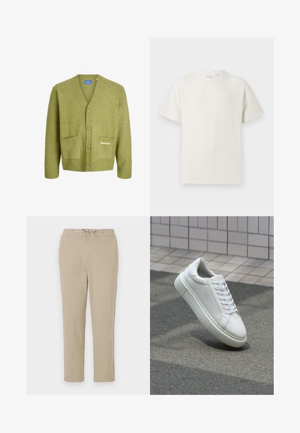 Grüner Strickcardigan mit V-Ausschnitt, fünf Knöpfen und zwei vorderen Taschen. Verfügt über gerippte Bündchen und Saum sowie dezente Logo-Stickerei.; Weißes T-Shirt mit kurzen Ärmeln in gerippter Textur. Runder Ausschnitt, lockere Passform, keine sichtbaren Muster oder Akzente. Einfaches und vielseitiges Design.; Beige Lounge-Hosen mit elastischem Bund und Kordelzug, im schlichten Design mit geradem Bein und weichem, glattem Material.; Weiße Leder-Sneaker mit glatter Oberfläche, runder Zehenpartie und flachen weißen Schnürsenkeln. Verfügt über eine strukturierte Gummisohle und minimalistische Designelemente.
