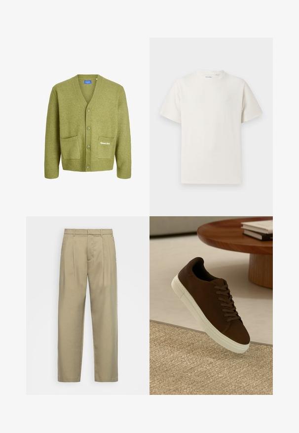 Green knit cardigan with a V-neck, five buttons, and two front pockets. Features ribbed cuffs and hem, with subtle logo embroidery.; White short-sleeve T-shirt in a ribbed texture. Round neckline, relaxed fit, no visible patterns or accents. Simple and versatile design.; Beige, high-waisted trousers with a straight cut, featuring a flat front, side pockets, and a smooth, textured fabric.; Brown suede sneaker with flat laces and a white rubber sole, featuring a rounded toe and minimal design, set against a textured surface.