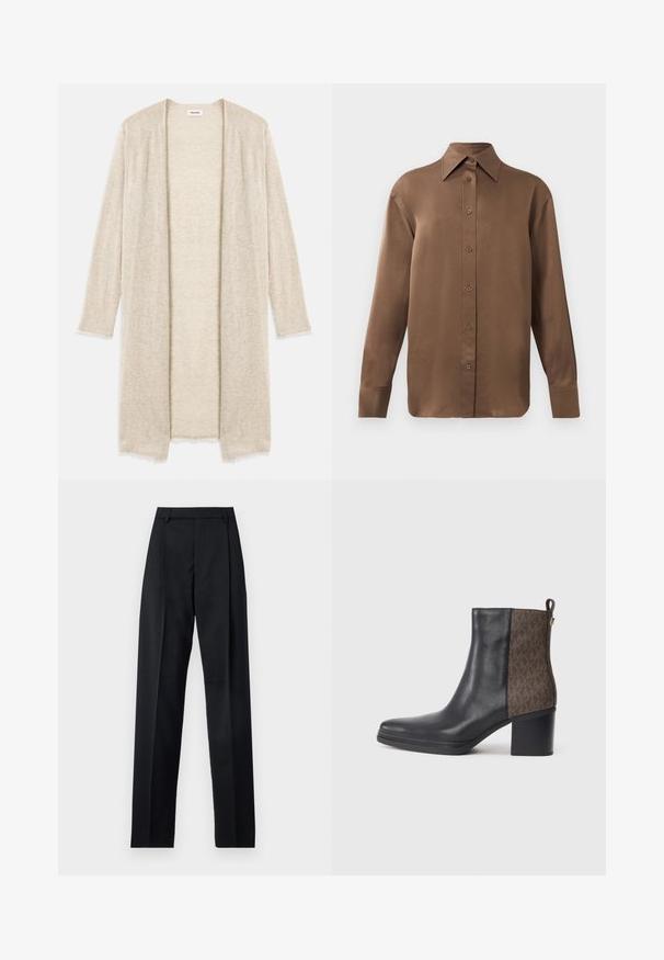 Rudos spalvos megztinis su atviru priekiu, ilgomis rankovėmis ir sudėtinga išpjovų struktūra. Šiek tiek nutrinti kraštai prideda tekstūros.; Ruda ilgų rankovių marškiniai su sagomis ir smailiais apykakle bei rankogaliais, išdėstyti prieš paprastą baltą foną.; Juodos kelnės iš lygaus audinio, pasižyminčios aukštu liemeniu, plačiomis kojomis, priekinėmis klostėmis ir klasikiais diržo kilpomis. Šoninių kišenių nematyti.; Juodas odinis kulkšnies botas su tekstūruotu rudu raštu šone, blokiniu kulnu ir kilpa, kad būtų lengva užsivilkti.