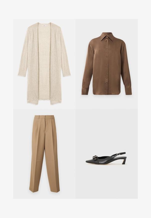 Beige Strickjacke mit offenem Vorderteil, langen Ärmeln und aufwändigem Ausschnittmuster. Leicht ausgefranste Kanten für zusätzliche Textur.; Braunes Langarmhemd mit Knopfverschluss, spitzem Kragen und Manschetten, vor einem schlichten weißen Hintergrund präsentiert.; Beige maßgeschneiderte Hose mit hoher Taille, gefaltetem Vorderteil und weitem Bein. Der Stoff wirkt glatt mit einem leichten Glanz.; Schwarzer Leder Slingback-Schuh mit spitzer Zehenform, kleinem Absatz und dekorativem Schnallen-Detail auf dem Obermaterial. Glatte Textur, minimalistisches Design.