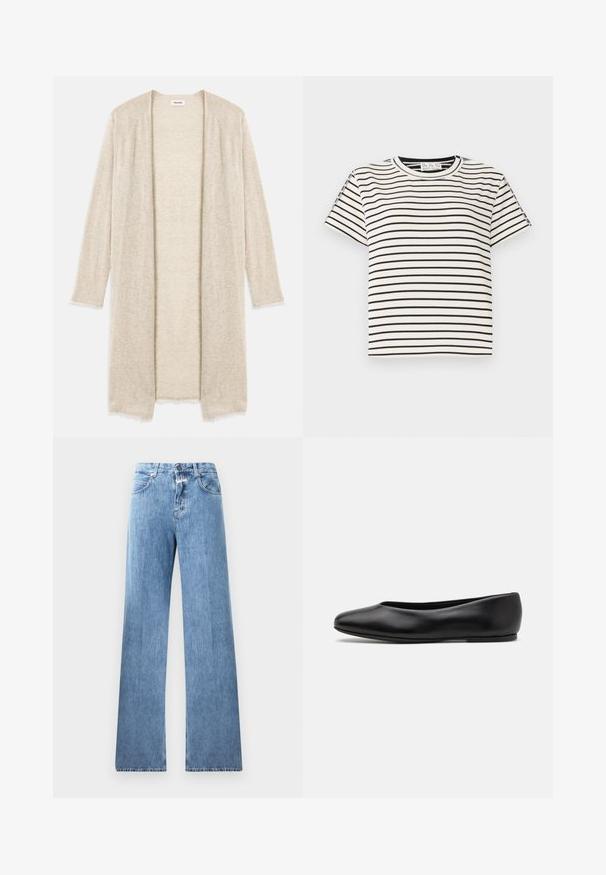 Beige gebreide cardigan met een open voorkant, lange mouwen en een ingewikkeld uitsnijdpatroon. Licht afgeronde randen voor extra textuur.; Katoenen T-shirt met korte mouwen en een ronde hals, met zwarte verticale strepen op een witte achtergrond en een rechte snit.; Lichtblauwe denim jeans met een wijde pasvorm, vijf zakken, lussen voor een riem en een knoopsluiting. De stof heeft een gladde textuur.; Paul Smith TOPANGA - Ballerina's - black