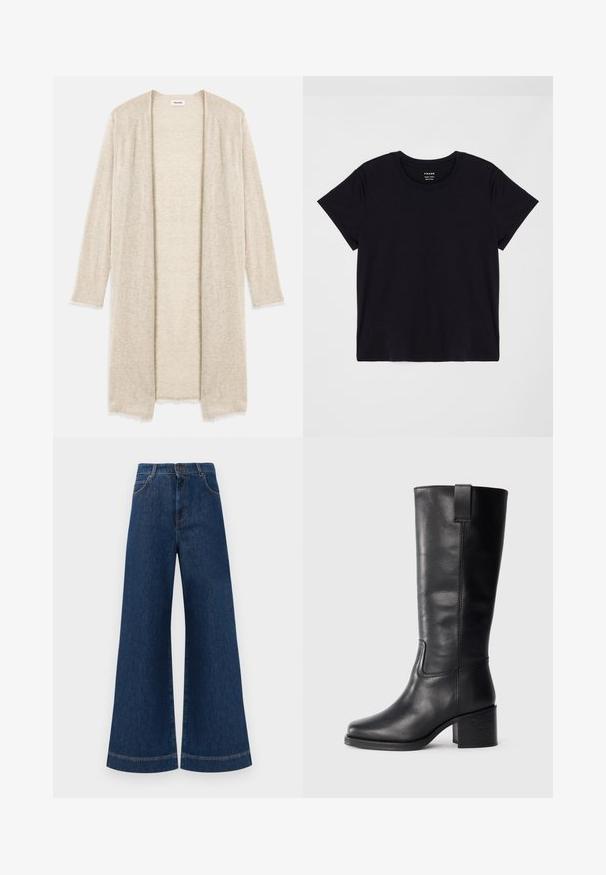 Cardigan bej tricotat, cu deschidere frontală, mâneci lungi și un model complex de decupaj. Margini ușor destrămate pentru o textură suplimentară.; Tricou scurt, negru, din bumbac moale. Design clasic cu guler rotund, cu o suprafață simplă, neimpodobită și o croială lejeră.; Jeans din denim albastru cu picioare largi și talie înaltă, având închidere cu buton, bucle pentru curea și detalii discrete de cusut pe buzunare și la tivuri.; Cizme negre din piele până la genunchi cu o textură netedă, vârf pătrat, toc bloc și tab pentru tragere pe lateral, având detalii de cusătură minime.