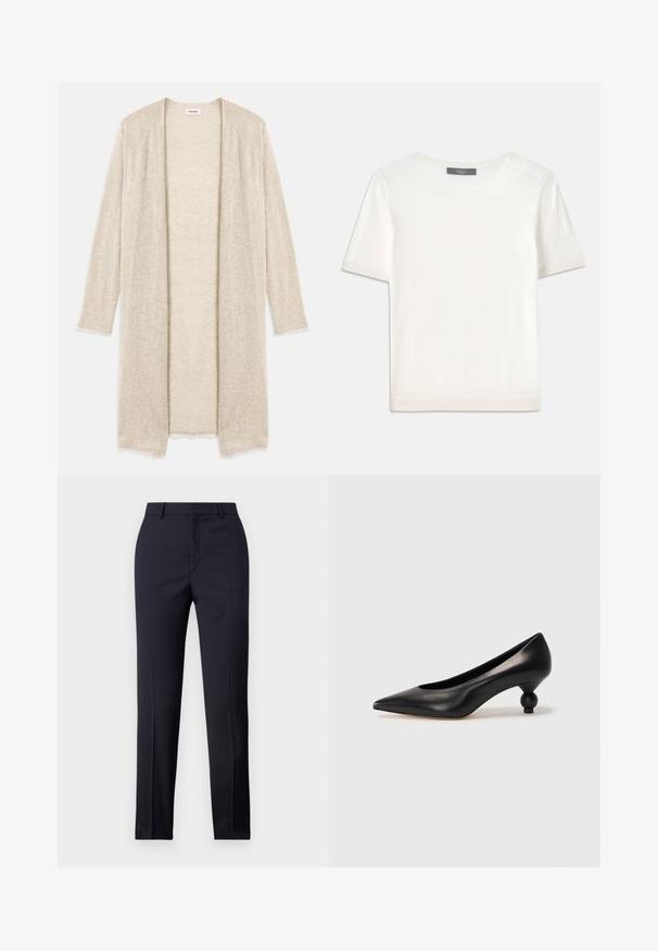 Cárdigan beige de punto con frente abierto, mangas largas y un intrincado patrón de cortes. Bordes ligeramente deshilachados para añadir textura.; Top de punto corto de manga blanca con cuello redondo, que presenta una textura suave y sutiles detalles acanalados en las mangas y el dobladillo.; Pantalones de corte recto en color navy, con una textura suave, dos bolsillos delanteros y una cinturilla limpia.; Zapato de tacón alto de cuero negro con puntera afilada y un tacón redondeado y abombado. Textura suave con un diseño elegante y minimalista.