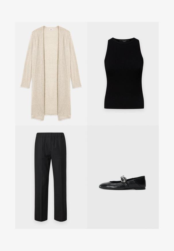 Kootud beež kardigan avatud esiosaga, pikkade varrukatega ja keeruka lõikega mustriga. Veidi kulunud servad lisavad tekstuuri.; Weekend Max Mara OLIMPO - Topp - nero; Mustad püksid elastse vöökoha ja sirge lõikega, ilma nähtavate taskuteta. Sile kangas, millel on matt viimistlus.; Mustadest nahast balleti kingad terava varbaga, millel on rihm ümmarguse metallist pandlaga ja lame tald.