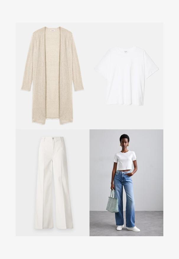 Neule beige cardigan, jossa on avoin etuosa, pitkät hihat ja monimutkainen aukkojen kuvio. Hieman repaleiset reunat lisäävät tekstuuria.; Valkoinen puuvillapaita lyhyillä hihoilla, pyöreällä pääntiellä, rentoa tyyliä ja ommeltu helma. Tunniste näkyvissä sisäkauluksessa.; Valkoiset leveälahkeiset housut, jotka on valmistettu puuvillasta ja joissa on sileä rakenne. Ominaisuuksiin kuuluvat etupainike, vetoketjuluukku ja neljän taskun muotoilu.; Valkoinen ribattuja lyhythihainen toppi, vaaleansiniset leveälahkeiset farkut ja valkoiset tennarit. Pitelee vihreä-valkoista raidallista kantokassia.