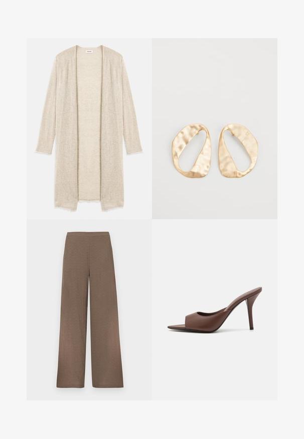 Knit beige cardigan with an open front, long sleeves, and intricate cut-out pattern. Slightly frayed edges for added texture.; Short-sleeve beige ribbed crewneck t-shirt with visible stitching on sleeves and neckline, displayed flat on a white background.; Wide-leg brown trousers with flat waistband, no visible pockets or fastenings, displayed on a white background.; Brown leather open-toe high-heeled mules with a sleek design, featuring a wide front strap and a slender stiletto heel.; Pair of irregular oval-shaped gold-toned metal earrings with a textured, slightly hammered surface on a white background.