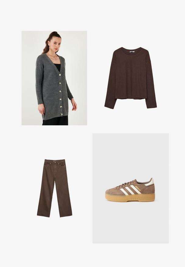 Grauer gestrickter Cardigan mit V-Ausschnitt, langen Ärmeln und Knöpfen vorne. Verfügt über eine gerippte Textur und glatte, glänzende Knopfakzente.; Brauner Pullover mit lockerer Passform, geripptem Kragen und langen Ärmeln. Glatte Textur mit abgerundetem Saum und ohne sichtbare Muster oder Akzente.; Weite braune Jeans aus Denim, mit hoher Taille, Fronttaschen und klassischem Knopfverschluss. Glatte Textur mit feinen Nähten.; Brauner Wildleder-Sneaker mit drei weißen Streifen, goldenem Logo und einer strukturierten Gumsohle. Abgerundete Zehenpartie und gepolsterter Kragen für Komfort.