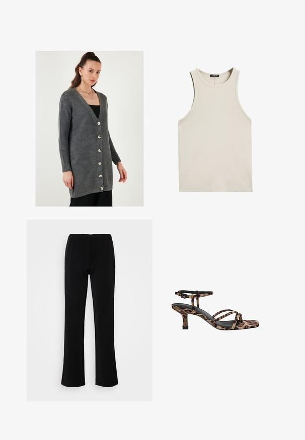 Grijze gebreide cardigan met een V-hals, lange mouwen en knopen aan de voorkant. Kenmerkt zich door ribbeltextuur en gladde, glanzende knoopaccenten.; Lichtbeige geribde tanktop met een ronde hals en zonder mouwen. Gemaakt van een zachte stof, met schone zoomranden. Geen zichtbare patronen.; Zwarte broek met een soepel flared ontwerp, gemaakt van een gladde stof. Heeft een elastische tailleband voor comfort en een strakke, eenvoudige silhouet.; Luipaardprint hakken met een vierkante neus, meerdere bandjes en een middelhoge hak. Gemaakt van zacht textielmateriaal.