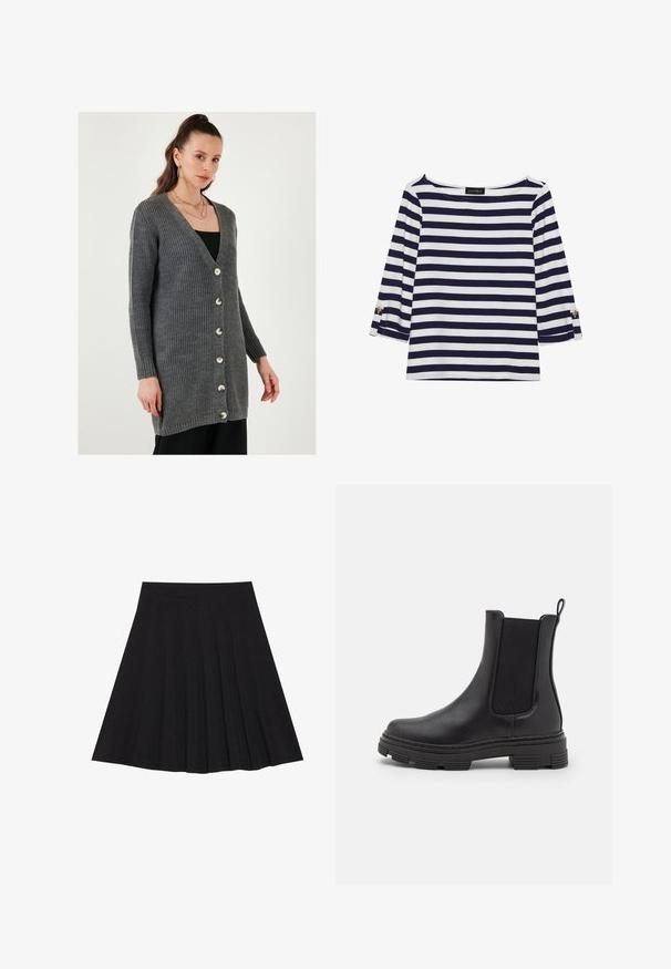 Šedý pletený kardigan s výstřihem do V, dlouhými rukávy a předními knoflíky. Obsahuje žebrovanou strukturu a hladké, lesklé detaily knoflíků.; Námořnická a bílá pruhovaná halenka s dlouhým rukávem a lodním výstřihem, se zlatými knoflíky na ohrnutých rukávech. Měkká tkanina, volný střih.; Černá plisovaná sukně vyrobená z texturované látky s dobře padnoucím pasem. Délka sukně je ke kolenům a má hladký, jednoduchý siluetu.; Černá kožená kotníková bota s elastickými bočními panely, zaoblenou špičkou a texturovanou gumovou podrážkou. Má smyčku na zadní části pro snadné obouvání.
