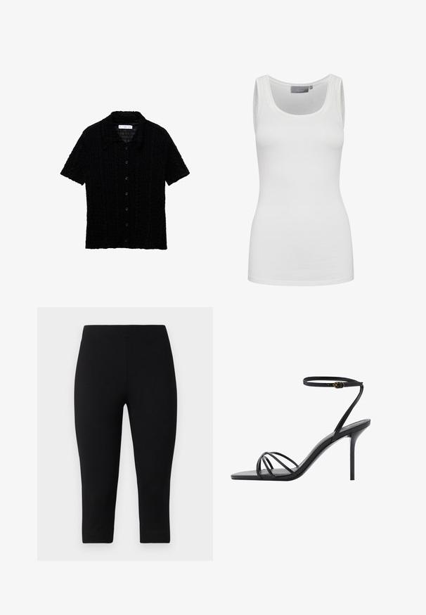 Schwarzes Kurzarmhemd mit kragenähnlichem Ausschnitt, strukturierter Stoff mit einem Karomuster und einer vorderen Knopfverschluss.; Weißes Tanktop aus weichem, dehnbarem Stoff mit rundem Ausschnitt und schmalen Trägern. Es zeichnet sich durch eine glatte Textur und eine figurschmeichelnde Passform aus.; Schwarze Capri-Leggings aus dehnbarem Material, die eng anliegen und eine glatte Textur aufweisen, ohne auffällige Muster oder Akzente.; Schwarze High-Heels Sandalen mit einem dünnen Knöchelriemen, mehreren überkreuzten Riemen über dem Fuß und einem eleganten, quadratischen Zehendesign.
