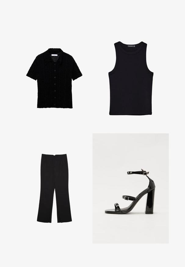 Črna kratka majica s kratkimi rokavi z ovratnikom, teksturirana tkanina z vzorcem mreže in sprednjim zapiranjem na gumbe.; Črna majica brez rokavov iz bombaža, z okroglim izrezom in širokimi odprtinami za roke. Gladka tekstura s šivi na robovih. Klasičen, minimalističen dizajn.; Črne hlače ravnega kroja z naglavnimi žepi in stranskimi razporki na robu. Narejene iz mehke, gladke tkanine. Primerne za različne priložnosti.; Črne lakirane sandale s peto, kvadratnim prstom, trakovi okrog gležnja in srebrnimi zaponkami. Opremljene so s stabilno Debelo peto.