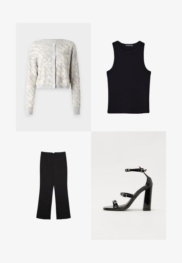 Světle šedý zkrácený kardigan s texturovaným krémovým abstraktním vzorem, doplněný o zapínání na knoflíky a žebrované manžety a lem.; Černý top na ramínka vyrobený z bavlny, s kulatým výstřihem a širokými průramky. Hladká textura s prošitými lemy. Klasický, minimalistický design.; Černé kalhoty s rovným střihem, s předními kapsami a bočními rozparky na lemu. Vyrobené z jemné, hladké tkaniny. Vhodné na různé příležitosti.; Černé lakované sandály na vysokém podpatku se dvěma pásky se sponami, čtvercovou špičkou a robustním blokovým podpatkem, s hladkou, lesklou texturou.