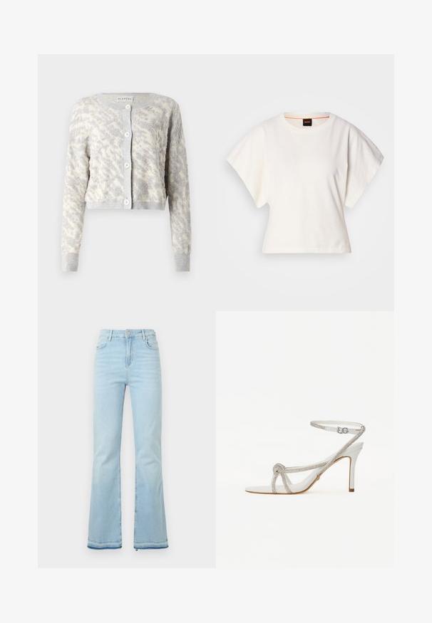 Cardigan scurt de culoare gri deschis, cu un model abstract texturat de culoare crem, având închidere cu butoane și mansete și tiv cu șnur.; Tricou alb scurt, cu mâneci scurte și largi, din bumbac moale, cu decolteu rotund și un finisaj subtil portocaliu, design minimalist, fără modele sau grafice.; Jeanși evazați de culoare bleu deschis, fabricați din denim, cu talie înaltă, buzunare frontale și margini brutale la mansete pentru un look casual.; Sandalie albe cu toc înalt, cu o curea texturată ce prezintă strasuri, design cu vârf deschis și curea pentru gleznă cu cataramă ajustabilă.