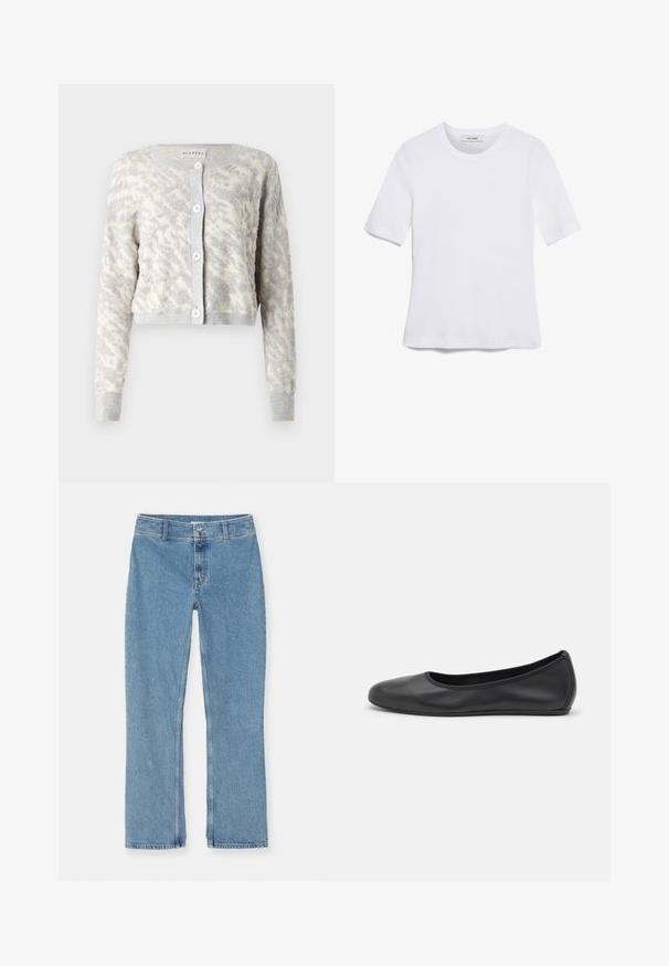 Light gray cropped cardigan with textured cream abstract pattern, featuring a button front and ribbed cuffs and hem.; White short-sleeve t-shirt made of ribbed fabric. Round neckline, regular fit, and subtle stitching details. No patterns or graphics.; Light blue straight-leg denim jeans with button and zipper closure, belt loops, and standard stitching on a white background.; Black leather ballet flat with a rounded toe, smooth texture, minimal stitching detail, and a flexible sole design.