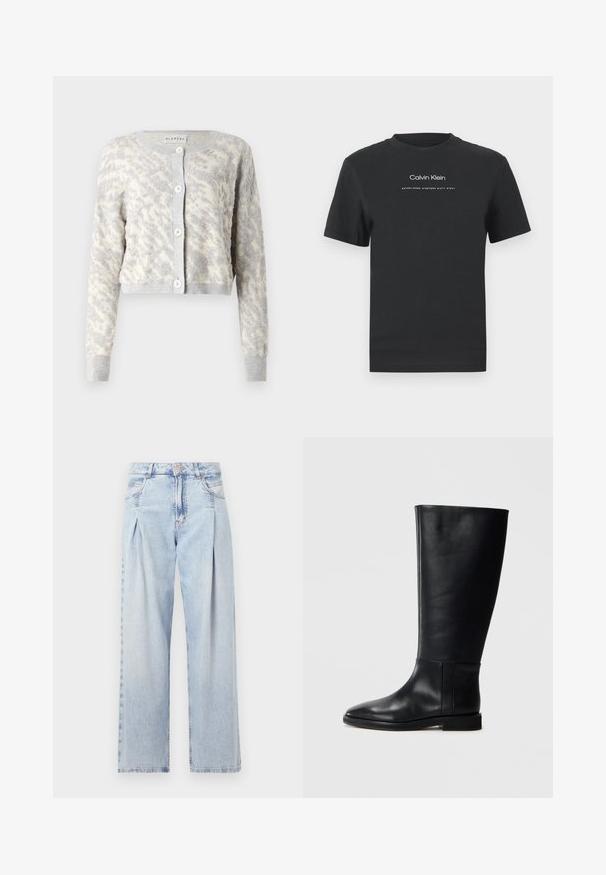 Svetlo sivi skrajšani kardigan z teksturiranim kremastim abstraktnim vzorcem, ki ima sprednje gumbe ter rebraste manšete in spodnji rob.; Črna bombažna majica s krožnim izrezom, kratkimi rokavi in belim potiskanjem logotipa "Calvin Klein" ter besedilom "Ustanovljen 1968".; Svjetloplave traperice visoko struka, širokog kroja, s dva bočna djepa i naboranim dizajnom. Mekana tekstura s izblijedjelim završetkom.; Črne usnjene škornje do kolen z zaobljenim nosom, gladko teksturo, minimalističnim dizajnom in ravnim podplatom. Preproste šivane detajle na zgornjem delu.