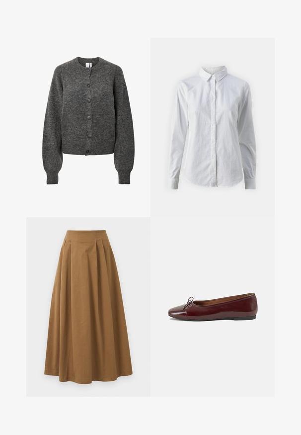 Ciemnoszary wełniany kardigan z długimi rękawami, żebrowanymi mankietami, okrągłym dekoltem i sześcioma guzikami z przodu.; Biała koszula zapinana na guziki, wykonana z gładkiej bawełny, z klasycznym kołnierzykiem, długimi rękawami i zaokrąglonym dołem. Guziki są małe i białe.; Brąskowa bawełniana spódnica w kształcie litery A z wysokim stanem, z plisami z przodu i gładką fakturą. Wykończenia dołu są czyste i proste.; Bordowe baleriny z lakierowanej skóry z zaokrąglonym noskiem, małą kokardką z przodu oraz niską, czarną gumową podeszwą. Gładka tekstura.