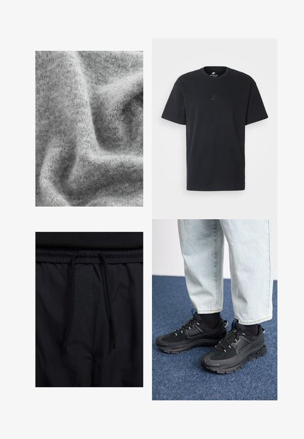 Hallitus hallitav kangas, millel on pehme tekstuur ja kerge varjude varieerumine, samuti veidi udune välimus.; Nike musta mustast puuvillast T-särk klassikalise ümmarguse kaelusega, lühikeste varrukatega ja õrna, reljeefse logoga rinnal. Sile tekstuur.; Mustad lühikesed püksid, millel on paelaga vöökoht, kerge kangas, mis on sileda tekstuuriga ning lihtne disain ilma nähtavate logode või mustriteta.; Mustad mustad jooksukingad, millel on tekstureeritud kangas ja kummist tallad, elastsed nöörid ning sinine aksent kandadel. Kandmine heledate teksadega.