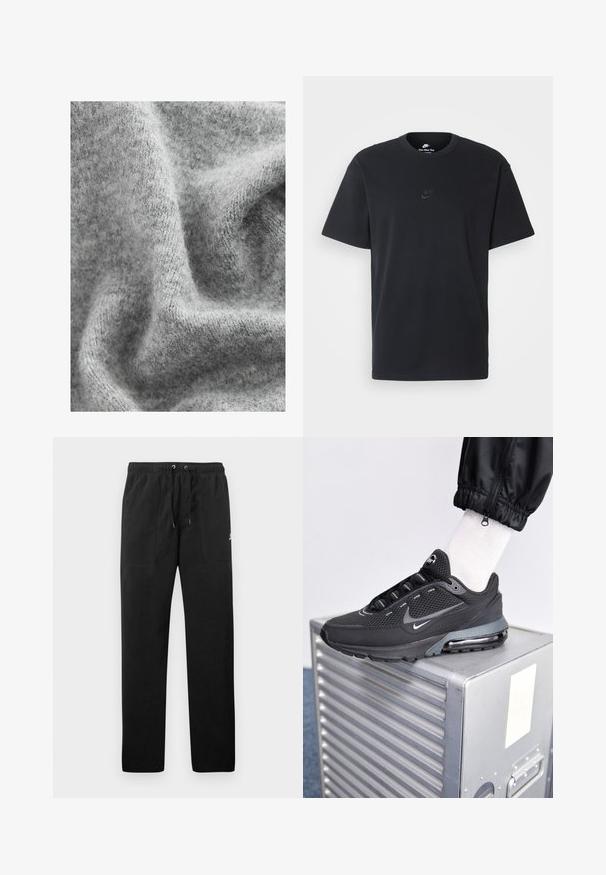 Šedá pletená látka s měkkým, texturovaným povrchem a jemnými odstínovými variacemi, s mírně chlupatým vzhledem.; Černé bavlněné tričko Nike s klasickým kulatým výstřihem, krátkými rukávy a decentně vyraženým logem na hrudi. Hladký povrch.; Černé teplákové kalhoty vyrobené z fleecu, s elastickým pasem a šňůrkami, dvěma předními kapsami a malým logem na stehně.; Nike Sportswear PULSE - Tenisky - black/anthracite