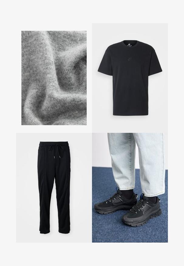 Pilkas megztas audinys, pasižymintis švelniu, tekstūrinėmis paviršiumi su subtiliais atspalvių skirtumais ir šiek tiek pūkine išvaizda.; Juodas medvilninis Nike marškinėliai su klasikinėmis apykaklėmis, trumpomis rankovėmis ir subtiliu, įspaustu logotipu ant krūtinės. Sklandus tekstūra.; Juodos laisvos kelnės su raišteliu liemens, šoninėmis kišenėmis ir tiesiu kirpimu ant vienodos fono.; Juodi sportiniai bateliai su tekstūruota medžiaga ir guminiais padais, su elastingomis raišteliais ir mėlynu akcentu ant kulno. Dėvimi su šviesiai mėlynomis džinsinėmis kelnėmis.