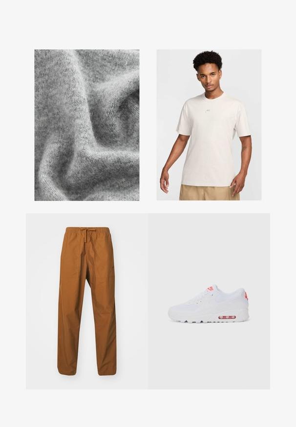 Material tricotat gri cu o suprafață moale și texturată, având variații subtile de nuanță și un aspect ușor pufos.; Bărbat cu păr scurt și creț poartă un tricou bej Nike și pantaloni scurți khaki, privindu-se înainte, împotriva unui fundal simplu de culoare deschisă.; Pantaloni maro, ușori, cu șnur la brâu, având un elastic în talie, dotati cu două buzunare laterale și o textură netedă.; Adidașii albaștri de sport au o parte superioară netedă, sistem de închidere cu șireturi, talpă cu amortizare și o unitate de aer vizibilă cu accente roșii pe branding.