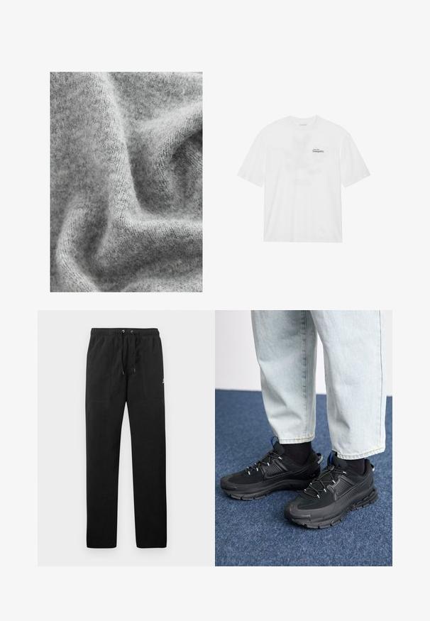 Tejido de punto gris que presenta una superficie suave y texturizada con variaciones sutiles en la tonalidad y un aspecto ligeramente borroso.; Camiseta de algodón blanca con mangas cortas, que presenta un estampado frontal que dice "Eleva hacia la Tranquilidad" en negro y verde.; Pantalones deportivos negros de felpa, con una cinturilla elástica con cordones, dos bolsillos delanteros y un pequeño logo en el muslo.; Zapatillas deportivas negras con tejido texturizado y suelas de goma, con cordones elásticos y un acento azul en el talón. Combinadas con pantalones de mezclilla claros.