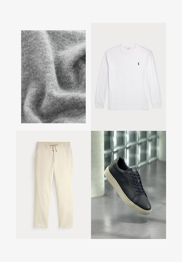 Tessuto di maglia grigia con una superficie morbida e texturizzata, caratterizzato da sottili variazioni di tonalità e un aspetto leggermente peloso.; T-shirt bianco a maniche lunghe realizzato in cotone. Presenta un collo rotondo, polsini a coste e un piccolo logo in blu navy del polo sul lato sinistro del petto.; Pantaloni casual off-white con vita elastica e cordino, gambe dritte e tasche laterali su uno sfondo neutro.; Sneaker in pelle navy con punta arrotondata, lacci piatti e suola testurizzata; presenta il logo sulla linguetta, contrastato da una suola color crema.