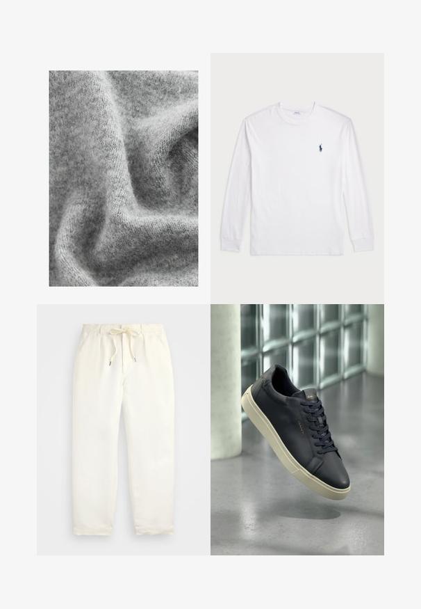 Tessuto di maglia grigia con una superficie morbida e texturizzata, caratterizzato da sottili variazioni di tonalità e un aspetto leggermente peloso.; T-shirt bianco a maniche lunghe realizzato in cotone. Presenta un collo rotondo, polsini a coste e un piccolo logo in blu navy del polo sul lato sinistro del petto.; Pantaloni casual color crema chiaro, realizzati in tessuto morbido. Caratterizzati da una cintura elastica con cordoncino e un design con gamba a tapered.; Sneaker in pelle navy con punta arrotondata, lacci piatti e suola testurizzata; presenta il logo sulla linguetta, contrastato da una suola color crema.