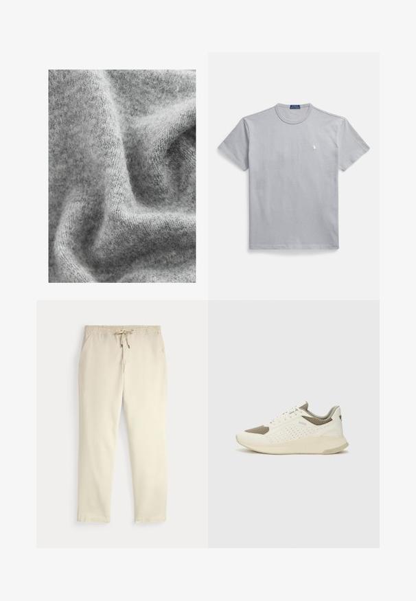 Tejido de punto gris que presenta una superficie suave y texturizada con variaciones sutiles en la tonalidad y un aspecto ligeramente borroso.; Camiseta de algodón gris con cuello redondo, mangas cortas y un pequeño logo blanco en el pecho izquierdo. Textura suave y ajuste relajado.; Pantalones casuales color blanco roto con cinturilla elástica y cordón, piernas rectas y bolsillos laterales sobre un fondo liso.; Zapatilla deportiva en blanco y beige claro, con parte superior de malla, detalles perforados y una mediasuela texturizada con la marca en el talón.