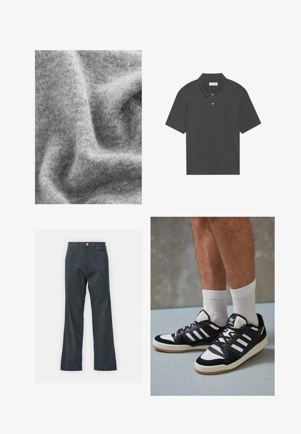 Pelēks adīts audums ar mīkstu, teksturētu virsmu, kurā ir mazas nokrāsu atšķirības un nedaudz pūkaina izskata.; Tumši pelēks polo krekls ar tradicionālo apkakli, trīs pogu aizdari, īsām piedurknēm un kreisajā krūtī esošu kabatu. Gluda auduma tekstūra.; Melnas bikses ar taisnu kāju griezumu, izgatavotas no kokvilnas maisījuma auduma. Tām ir metāla pogas aizdare un sānu kabatas. Nav redzamu rakstu.; Melnas un baltas kedas ar zamša un ādas augšdaļu, kas aprīkotas ar trim baltām svītrām, perforētu purngali un gumijas zolēm.