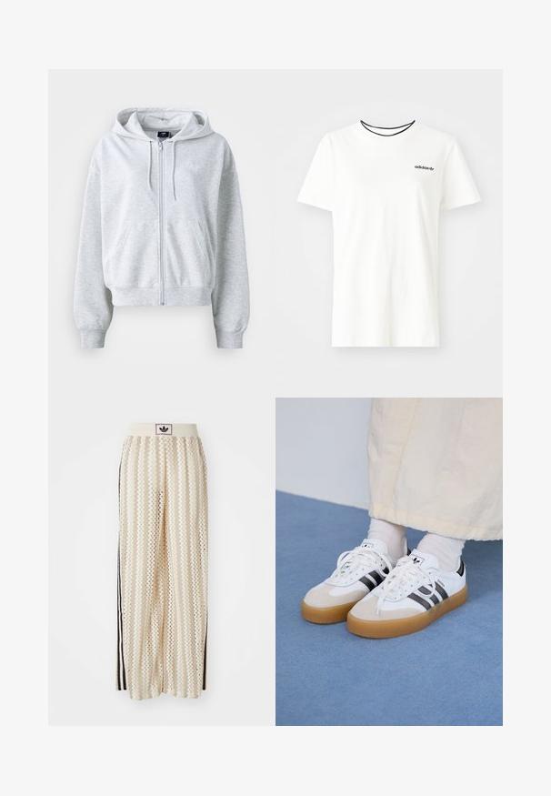 Sweatshirt cinza claro com fecho zip frontal, capuz e dois bolsos frontais. Apresenta punhos e bainha canelados, e um logotipo discreto no peito.; T-shirt de algodão branca com mangas curtas e decote redondo. Apresenta um logo preto da Adidas no peito e uma gola interna preta em contraste.; Calças largas de cor creme com um padrão em zigzag, apresentando uma cintura com logotipo preto e riscas laterais pretas. Tecido leve e texturizado.; Ténis brancos com riscas pretas e detalhes em camurça bege. Apresentam uma sola de borracha texturizada e atacadores brancos lisos, usados com meias de tom claro.