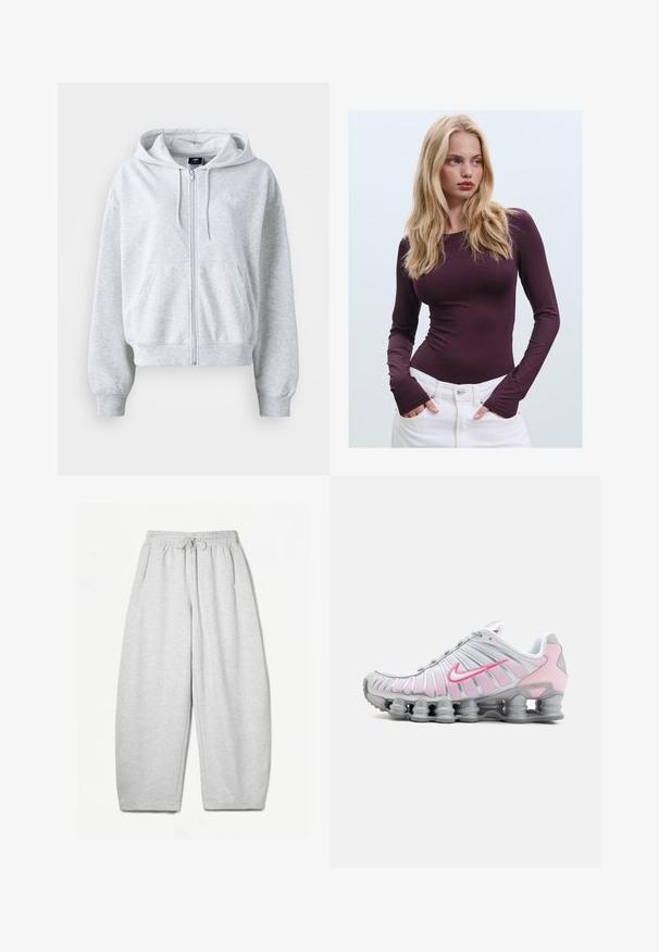 Svetlošedá mikina s predným zipsom, kapucňou a dvoma prednými vreckami. Obsahuje rebrované manžety a lem, a jemné logo na hrudi.; Burgundská dlhá rukávová priliehavá blúzka s okrúhlym výstrihom a otvorom na palec, skombinovaná s bielymi nohavicami s vysokým pásom. Hladká tkanina a elastická štruktúra.; Svetlošedé tepláky s voľným strihom, elastickým pásom, šnúrkou a bočnými vreckami; vyrobené z mäkkej, štruktúrovanej látky.; Nike športová obuv v bielej a svetloružovej farbe. Má sieťovinový zvršok a charakteristickú zakrivenú podrážku s viditeľným vzduchovým odpružením.
