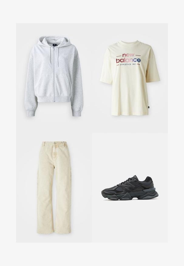 Gaišs pelēks krekls ar rāvējslēdzēju priekšpusē, kapuci un divām priekšējām kabatām. Iezīmēts ar ribotām aprocēm un apakšmalu, kā arī ar niansētu logo uz krūtīm.; Krēmkrāsas kokvilnas T-krekls ar īsām piedurknēm, kuram ir krāsains "new balance" logo dizains un teksts "ATHLETICS INC.".; Sviestaina platajām kājām džinsi ar augstu jostu, ar priekšējo pogu un rāvējslēdzēju, jostas cilpām un sānu kabatām. Mīksta tekstūra.; Melna skriešanas apavi ar jauktu acu audumu un sintētiskiem materiāliem, masīvu zoli, izliekta dizaina elementiem un izteiktu zīmola logotipu uz sāniem.