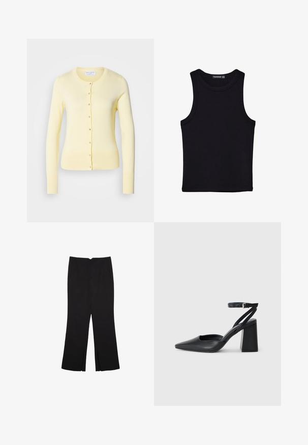 Ljusgul cardigan, långa ärmar, rund hals, knäppning fram, ribbade ärmslut och nederkant. Mjuk stickad textur.; Svart linne i bomull, med rund halsringning och breda armhål. Slät yta med sydda fållar. Klassisk, minimalistisk design.; Svarta byxor med rak passform, utrustade med framfickor och sidoklyvningar vid fållen. Tillverkade av mjukt, slätt tyg. Lämpliga för olika tillfällen.; Svart läderpumps med spetsig tå, ankelrem och kraftig klack. Slät textur, stilren design och minimalistisk estetik.