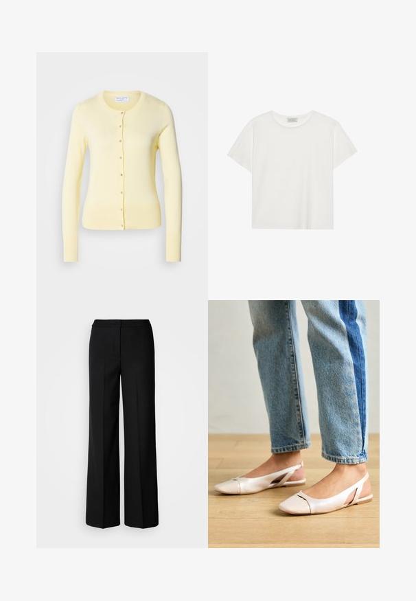 Šviesiai geltona megztinė, ilgos rankovės, apvalus kaklas, priekis su mygtukais, riboto audinio rankogaliai ir hem. Minkšta, mezgimo tekstūra.; Balta trumpa rankovė T-marškiniai, pagaminti iš minkštos medvilnės. Charakterizuojami apvali kaklo iškirpte ir laisvu siluetu. Švarus dizainas be matomų raštų ar akcentų.; Juodos plačios kojų kelnės su lygia medžiaga, pasižyminčios aukštu liemeniu, pritaikytais siūlėmis ir minimalistiniu dizainu. Nėra matomų metalo detalių ar kišenių.; Šviesiai rožiniai slingback baleto bateliai su smailiu pirštu, pagaminti iš lygios odai panašios medžiagos. Yra išpjovimų detalės šonuose ir plokščias kulnas.
